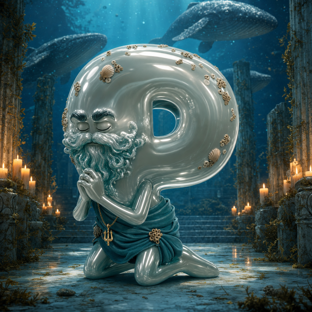 The first whale of the temple, a bearded chrome disciple kneeling in prayer while whales circle overhead — kneeling before buying more