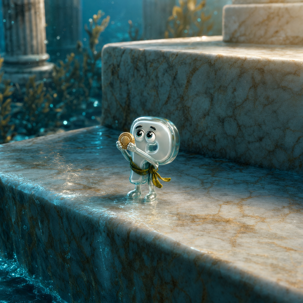 A humble shrimp: a very small disciple clutching one gold coin at the foot of the vast temple steps