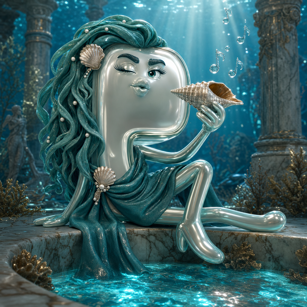 The retired siren of the marketing department, reclining with a conch to her lips, singing liquidity into the pool
