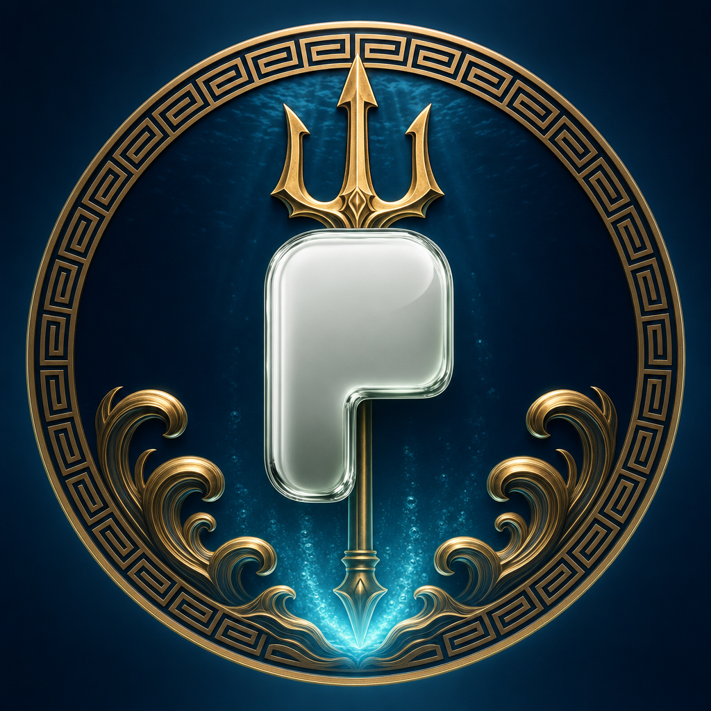 Ponseidon emblem: a golden trident over a chrome P in a Greek meander medallion